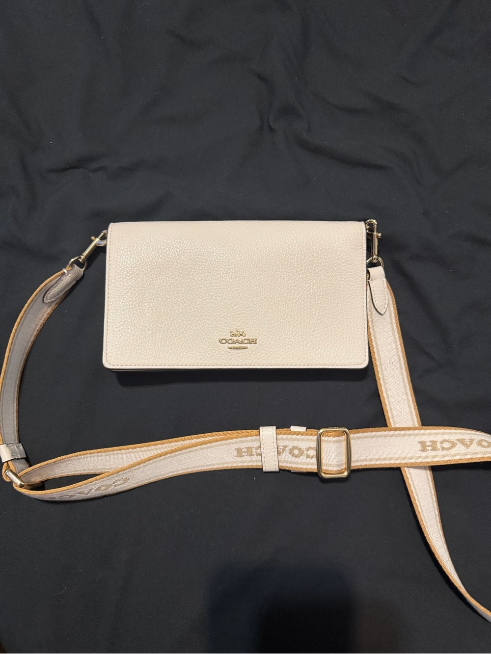 Coach Convertible Pebbled Leather Crossbody in Light Beige with Branded Strap